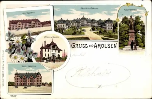 Litho Bad Arolsen Hessen, Alte und neue Kaserne, Residenz-Schloss, Kaiserdenkmal, Offiziers-Casino