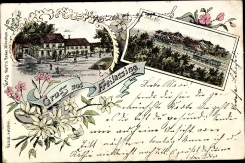 Litho Freilassing, Blick auf den Bahnhof, Massels Gasthof zum Schmiedhäusl