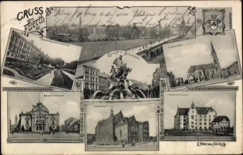 Ak Fürth in Mittelfranken Bayern, Kunstbrunnen, Panorama, Kirche, Gebäude