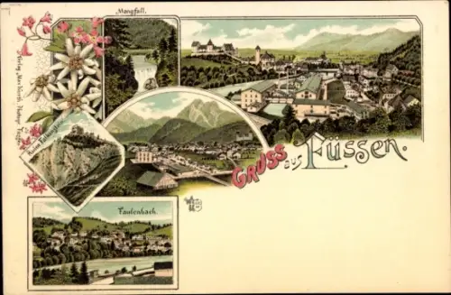 Litho Füssen im Allgäu, Gesamtansicht, Mangfall, Faulenbach, Ruine Falkenstein
