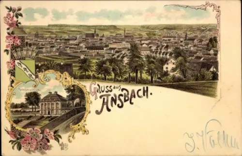 Litho Ansbach in Mittelfranken Bayern, Prinzenschloss, Panorama, Wappen