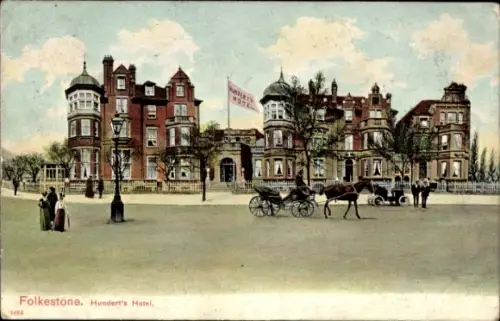 Ak Folkestone Kent England, Hundert's Hotel, Pferdewagen, Menschen, Bäume, Straßenlaterne