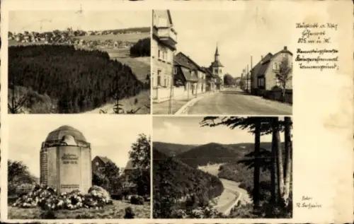 Ak Neustadt am Rennsteig Großbreitenbach in Thüringen, Gesamtansicht, Denkmal, Rennsteigstraße