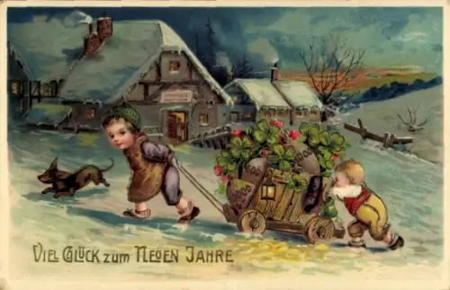 Ak Fröhliches Neujahr, Kinder mit Handwagen, Geldsäcke, Kleeblätter, Dackel