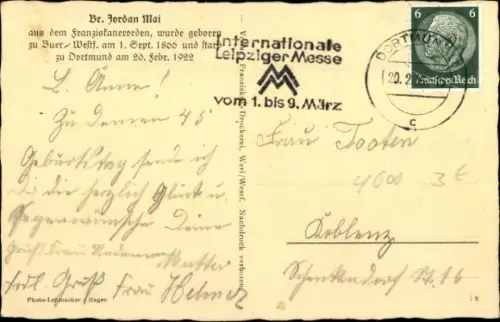 Ak Dortmund im Ruhrgebiet, Ostfriedhof, Grabstätte v. Br. Jordan Mai