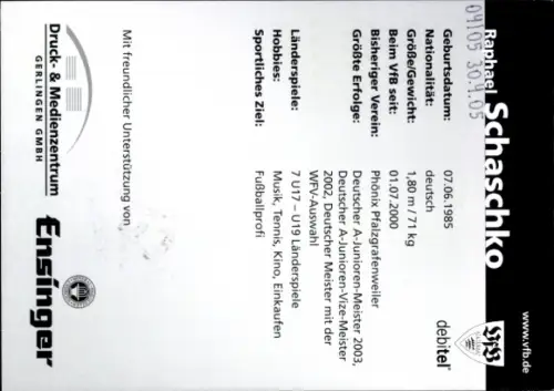 Autogrammkarte Fußballer Raphael Schaschko, VfB Stuttgart, Autogramm