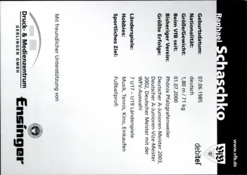 Autogrammkarte Fußballer Raphael Schaschko, VfB Stuttgart, Autogramm