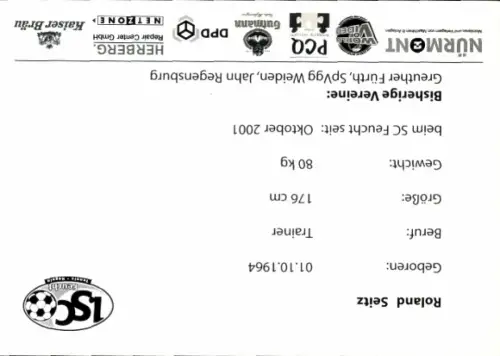 Autogrammkarte Trainer Roland Seitz, 1. SC Feucht, Autogramm