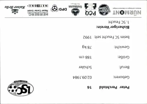 Autogrammkarte Fußballer Peter Perchtold, 1. SC Feucht, Autogramm