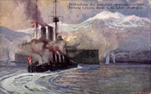 Künstler Ak Kircher, A., Beschießung der Festung Lovcen durch S.M. Schiff Radetzky