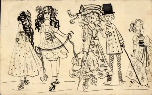 Handgemalt Ak Konstanz, Damen und Mädchen in historischen Kleidern, Sonnenschirm, Else Richmann