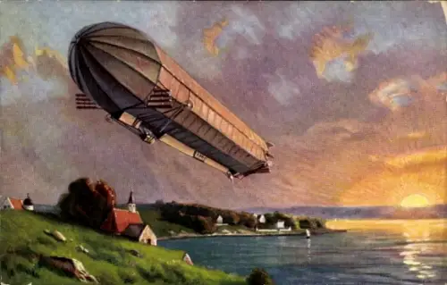 Künstler Ak Zeppelin über der Landschaft, Kirche am Ufer, Sonnenuntergang