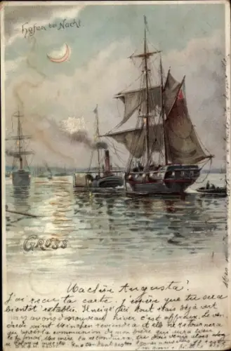 Halt gegen das Licht Mondschein Litho Hafen bei Nacht, Segelschiff, Dampfer