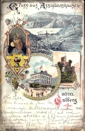 Mondschein Litho Assmannshausen Rüdesheim am Rhein, Hotel Eulberg, Rheinstein