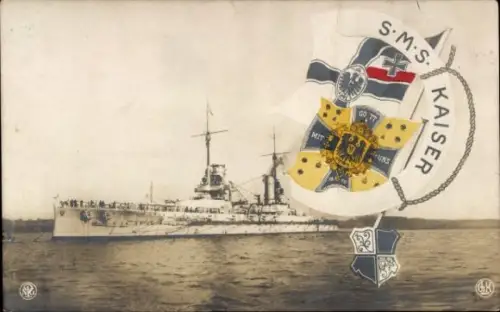 Ak Deutsches Kriegsschiff, SMS Kaiser, Kaiserliche Marine, Fahnen, NPG, GLK