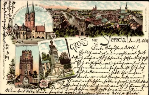 Litho Stendal in der Altmark, Stadtansicht, Kirche, Tor, Denkmal