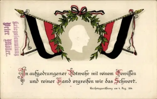 Präge Ak Kaiser Wilhelm II., Zitat, In aufgedrungener Notwehr mit reinem Gewissen