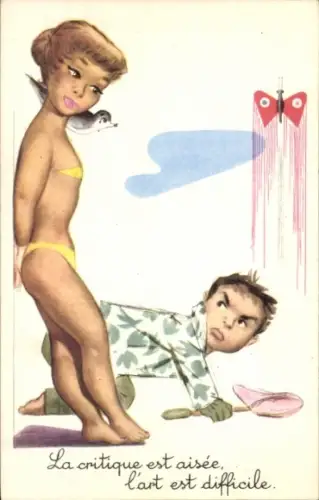 Ak Paar, Frau in Bikini, Junge fängt Schmetterlinge