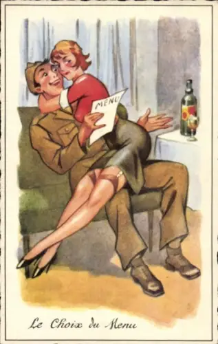 Ak Liebespaar, Mann mit Speisekarte, Weinflasche