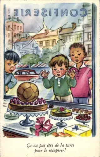 Ak Drei Jungen schauen durch ein Schaufenster auf eine Torte mit einem Fußball