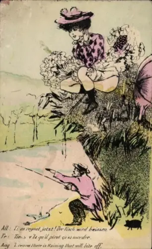 Künstler Ak Es regnet!, Angler, Pinkelnde Frau auf einem Felsvorsprung