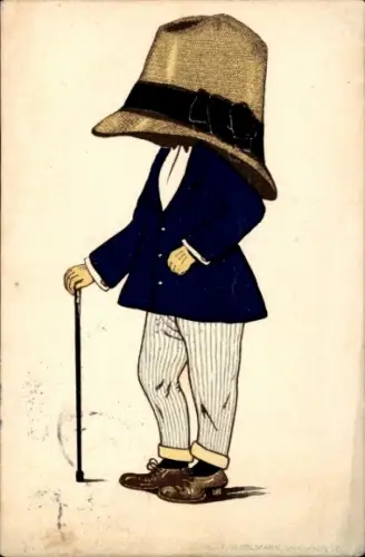 Ak Mann mit Hut verdecktem Gesicht, Gehstock in der Hand