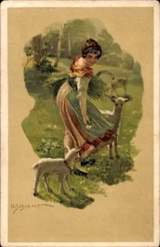 Künstler Ak Schubert, H., Frau in Tracht, Lämmer