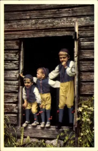 Ak Frei Jungen in schwedischen Trachten, Wohnhaus