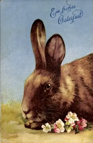 Ak Glückwunsch Ostern, Osterhase mit Blumen im Gras
