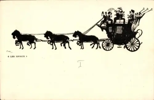 Scherenschnitt Ak Kutsche, Pferde, Trompeter