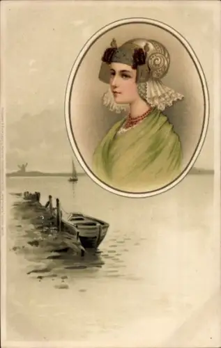 Litho Junge Frau in niederländischer Tracht, Porträt