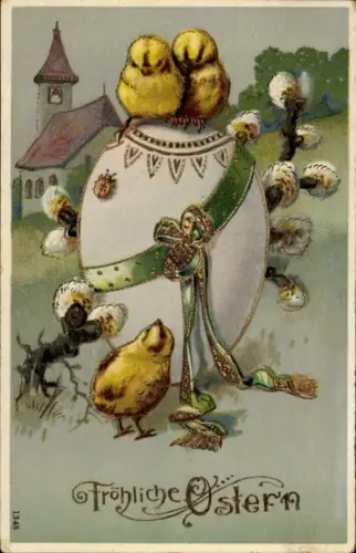 Ak Glückwunsch Ostern, Küken, Osterei mit Schleife, Weidenkätzchen