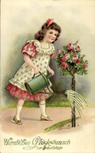 Ak Glückwunsch Geburtstag, Mädchen gießt Rosenstrauch