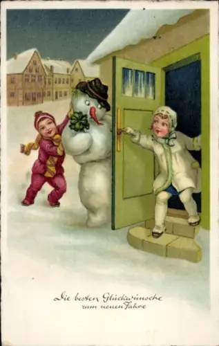 Litho Glückwunsch Neujahr, Kleeblatt, Kinder, Schneemann