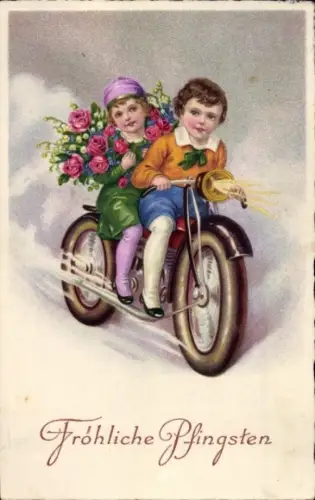 Ak Glückwunsch, Pfingsten, Kinder auf einem Motorrad, Blumen