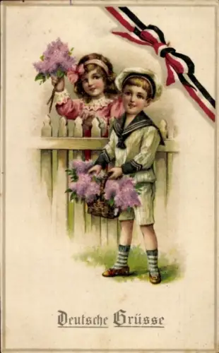 Ak Deutsche Grüße, Kinder, Blumen, Schleife