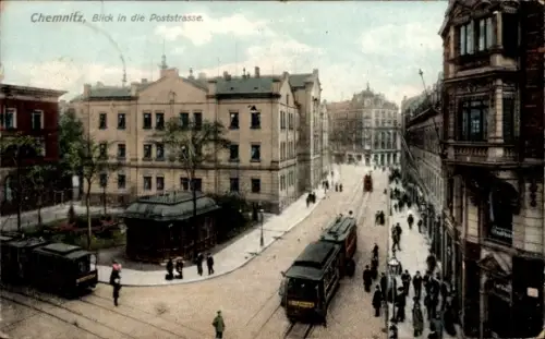Ak Chemnitz in Sachsen,  Blick in die Poststraße, Straßenbahnen, Gebäude