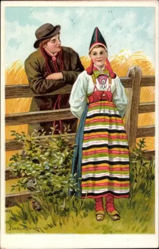Künstler Ak Nyström, J., Liebespaar in schwedischen Volkstrachten