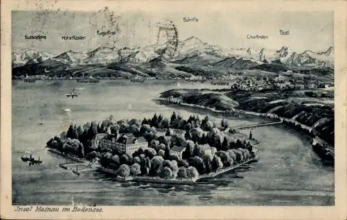 Ak Insel Mainau im Bodensee, Insel Mainau, Bodensee, Berge, Schiffe, Künstlerkarte