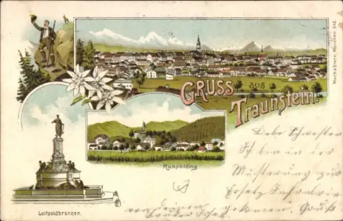 Litho Traunstein in Oberbayern, Panorama, Luitpoldbrunnen, Ruhpolding