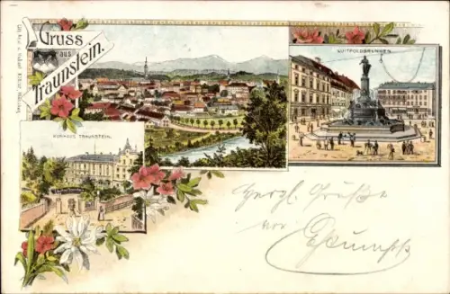 Litho Traunstein in Oberbayern, Gesamtansicht, Kurhaus, Luitpoldbrunnen