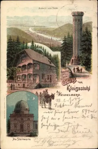 Litho Heidelberg am Neckar, Stadtansichten, Sternwarte, Königsstuhl, Turm