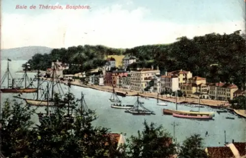 Ak Tarabya Therapia Konstantinopel Istanbul Türkei, Bucht mit Booten, Häusern am Ufer, Bäume im H
