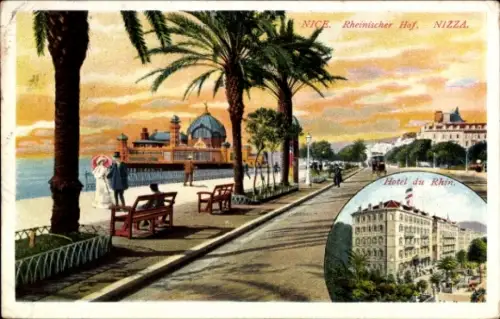 Ak Nice Nizza Alpes Maritimes, Palmen, Strandpromenade, Rheinischer Hof, Hotel du Rhin