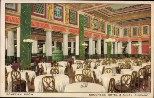 Ak Chicago Illinois USA, Pompeian Room, Congress Hotel,  runde Tische, Säulen, dekorative Wände
