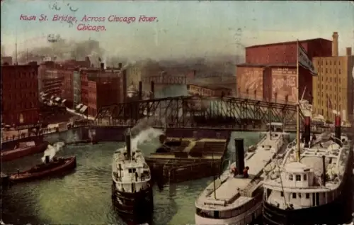 Ak Chicago Illinois USA, Kush St. Bridge, Chicago River, Schiffe, Stadtansicht