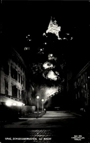 Ak Graz Steiermark,  Schlossbergsteig bei Nacht, Schwarz-Weiß-Fotografie, Künstliche Beleuchtung