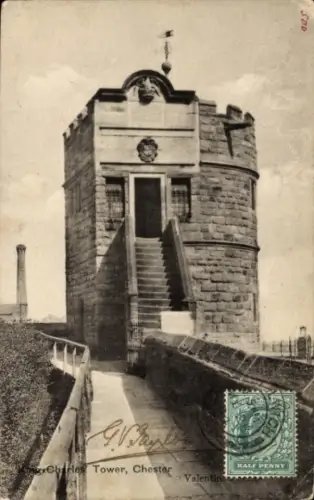Ak Chester Cheshire England, Charles Tower,  Treppe, Statuen, Halb Penny