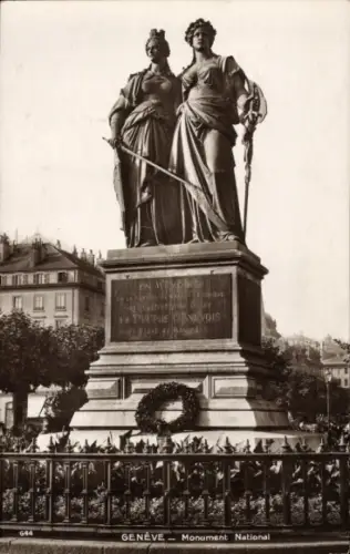 Ak Genf Stadt Schweiz, Statue von zwei Frauen, Monument National,  Schriftzug PUPLE NIVOIS