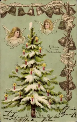 Präge Ak Glückwunsch Weihnachten, Engel, Tannenbaum, Glocken